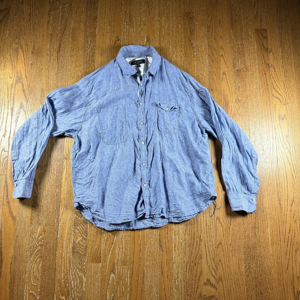 Rag & Bone Shirt Mens 2XL Blue Linen Cotton Blend Long Sleeve Button Up Casual